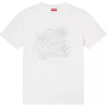 KENZO Футболка с вышитым логотипом и цветами, свободный крой, короткий рукав, женская белая