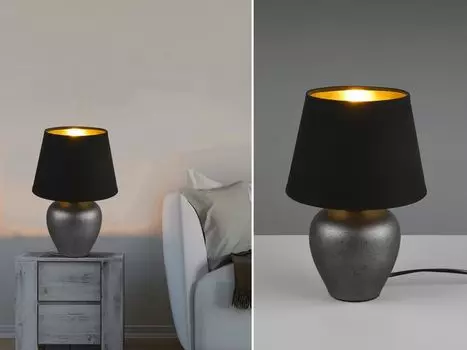 Керамическая настольная лампа ABBY античное серебро тканевый абажур черный/золотой 18см высота 26см Reality Leuchten