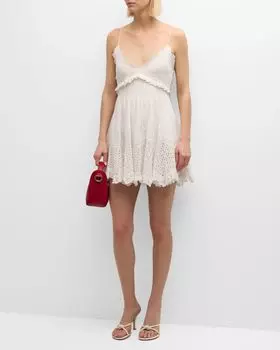 Kerielle Хлопковое мини-платье с V-образным вырезом и вышивкой LoveShackFancy, цвет Off White