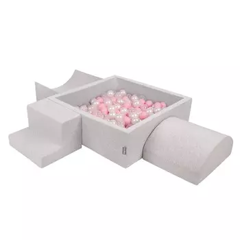 KiddyMoon Детская площадка из пенопласта PPZP-KW30D-134 с шариками светло-серый: пудровый розово-жемчужно-прозрачный бассейн 300/л пандус/л полуролик/ступенька