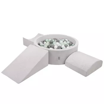 KiddyMoon Детская площадка из пенопласта ППЗП-ОК30Д-114 с шариками светло-серый: бело-серо-мятный Бассейн 300/л клин/Л пандус/Л полурулон Игрушечная площадка