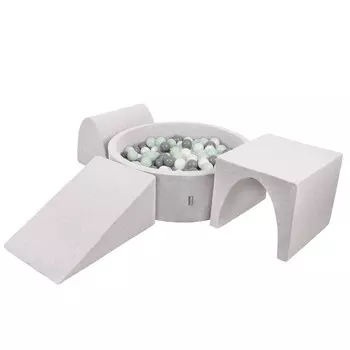 KiddyMoon Детская площадка из пенопласта ППЗП-ОК30Д-124 с шариками светло-серый: бело-серо-мятный бассейн 300/клин Л/горка/туннель Игрушечная площадка