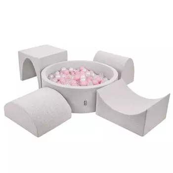 KiddyMoon Детская площадка из пенопласта ППЗП-ОК30Д-135 с шариками светло-серый: пудровый розово-жемчужно-прозрачный бассейн 200/горка/тоннель/пандус Л/полувалик Л Игрушечная площадка