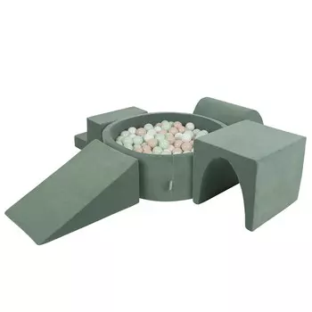 KiddyMoon Детская площадка из пенопласта с шариками лесно-зелёный: пастельный бежево-бело-мятный бассейн 300/клин Л/горка/туннель/ступень Игрушечная площадка