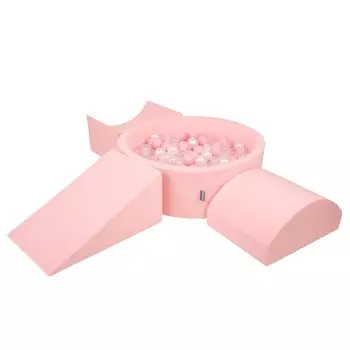 KiddyMoon Игровая площадка пенопластовая ППЗП-ОК30Д-114 с шариками розовый: пудровый розово-жемчужно-прозрачный бассейн 300/клин Л/рампа Л/полувалик Л