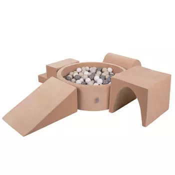 KiddyMoon Пенопластовая площадка с шариками, розовый пустыни: пастельный бежево-серо-белый бассейн 200/клин Л/горка/туннель/ступень Игрушечная площадка