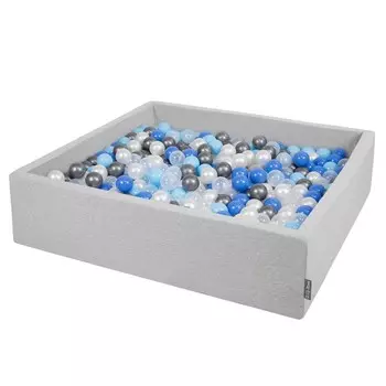 KiddyMoon, сухой квадратный бассейн с шариками 7см 120х30 светло-серый: жемчужно-синий-голубой-прозрачный-серебристый 120х30/300 шариков