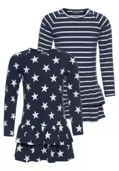 KIDSWORLD трикотажное платье "2 шт. для маленьких девочек" (2 шт. в упаковке), с полосками и звездами, цвет морской волны