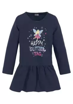 KIDSWORLD трикотажное платье "HAPPY GLITZER DAY" с блестящим принтом, цвет морской волны