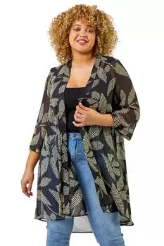Кимоно Curve Spot с принтом листьев и глубоким подолом Roman, черный