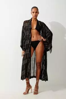 Кимоно из вискозного жоржета с бахромой и эффектом металлик Karen Millen, черный