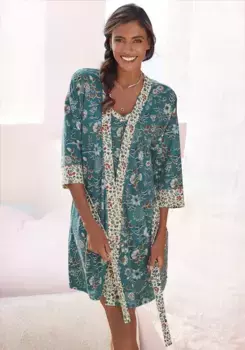 Кимоно LASCANA с цветочным принтом по всей поверхности, цвет Rauchblau-Ecru