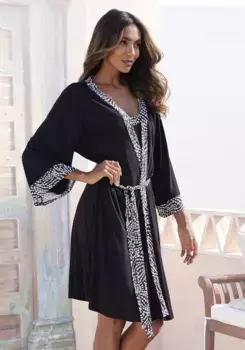 Кимоно LASCANA с узорчатой контрастной вставкой, черно-белый