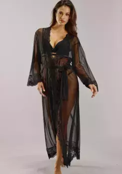 Кимоно LASCANA, выполненное из нежно прозрачной мягкой сетки и кружева, черный