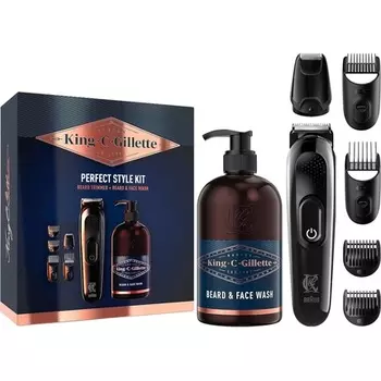 King C. Men's Perfect Style Beard Kit Подарочный набор с триммером и средством для мытья бороды и лица Gillette