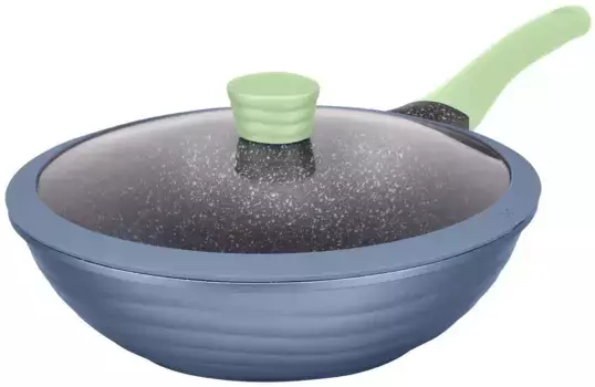 KING вок "NEW~WAVE", литой алюминий, индукция, антипригарное покрытие, стеклянная крышка с силиконовой кромкой, 28 см 28 см + высота 8 см, серо-голубой