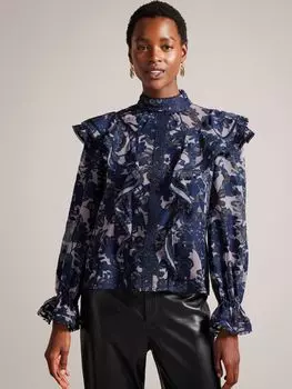 Kiraaa Блузка с высоким воротником и высоким воротником с цветочным принтом и кружевными деталями Ted Baker, средний синий