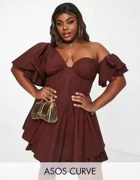 Кирпично-коричневое хлопковое платье на одно плечо с корсетом и оборками ASOS LUXE Curve