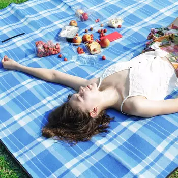 Kiversy замшевый коврик для пикника, утолщенный пляжный коврик, влагостойкий коврик для кемпинга, сине-белый клетчатый коврик