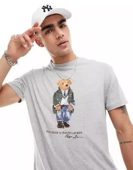 Классическая футболка оверсайз серого цвета с принтом медведя Polo Ralph Lauren Heritage