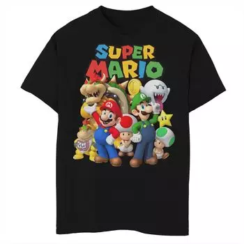 Классическая футболка с графическим изображением Nintendo Super Mario Group Shot для мальчиков 8–20 лет Licensed Character, черный