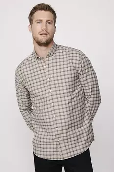 Классическая хлопковая бежевая мужская рубашка с воротником на пуговицах в маленькую клетку TUDORS