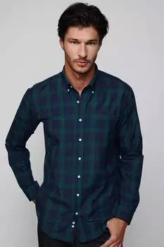 Классическая хлопковая зелено-синяя мужская рубашка с воротником на пуговицах в маленькую клетку TUDORS