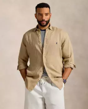Классическая льняная мужская рубашка больших размеров Polo Ralph Lauren, бежевый