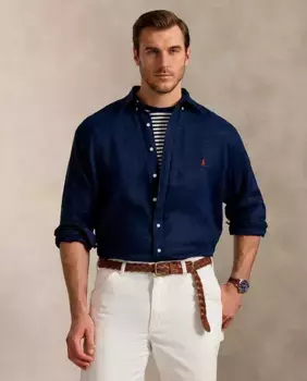 Классическая льняная мужская рубашка больших размеров Polo Ralph Lauren, тёмно-синий
