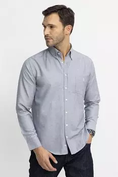 Классическая мужская синяя рубашка с длинными рукавами и текстурированным воротником на пуговицах и карманами с вышивкой TUDORS