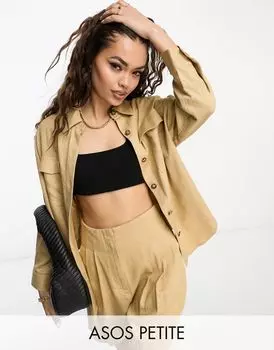 Классическая рубашка с несколькими карманами ASOS DESIGN Petite из нейтральной льняной смеси
