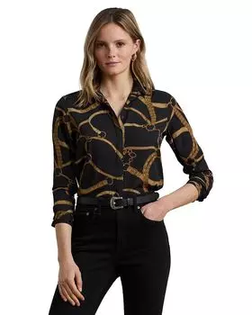 Классическая рубашка с поясом и принтом из крепа Ralph Lauren, черный