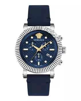 Классические кожаные часы V-Chrono Versace, цвет blue/stainless steel/blue