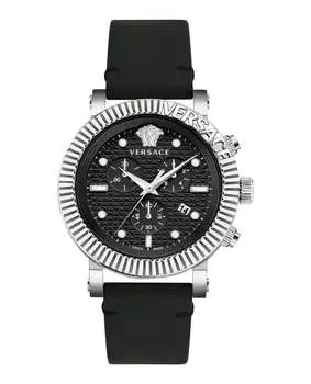 Классические кожаные часы V-Chrono Versace, цвет black/stainless steel/black