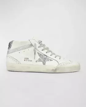 Классические кожаные кроссовки с блестками Mid Star Golden Goose, цвет White Silver