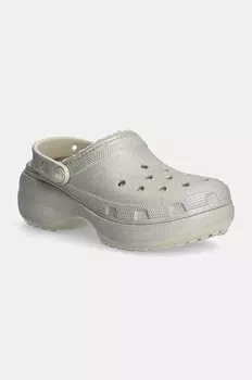 Классические шлепанцы Crocs Clog W на платформе с блестящей подкладкой, серебряный
