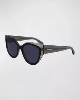 Классические солнцезащитные очки «кошачий глаз» из ацетата с логотипом Ferragamo, цвет Transparent Grey/Black