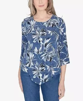 Классический элегантный топ с цветочным принтом и колье Alfred Dunner, синий