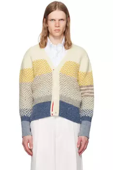 Классический кардиган с V-образным вырезом в полоску "ёлочка" жаккард Thom Browne, мультиколор