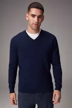 Классический крой, джемпер с V образным вырезом из хлопка Next, синий