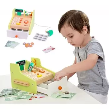 Классический мир, деревянный кассовый аппарат, банкноты и карта ClassicWorld