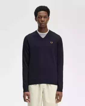 Классический мужской свитер с V-образным вырезом Fred Perry, тёмно-синий