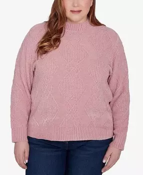 Классический свитер с воротником из синели и ромбовидной вышивкой больших размеров Alfred Dunner, розовый