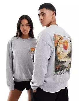 Классический свитшот с принтом осеннего восхода солнца спереди и сзади серого цвета PRNT