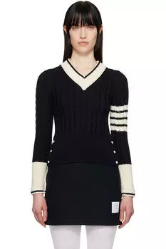 Классический вязаный свитер с V-образным вырезом из мериносовой шерсти Thom Browne, синий