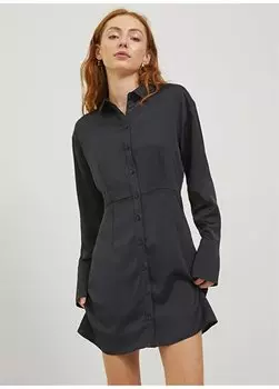 Классическое однотонное черное мини-женское платье с воротником JXKIMMIE SATIN LS SHORT SHIRT DRESS JJXX, черный