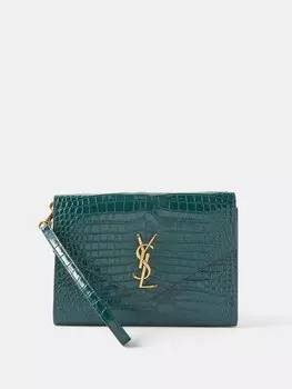 Клатч cassandra из кожи с тиснением под крокодила Saint Laurent, зеленый