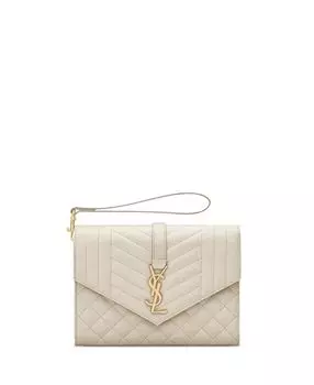 Клатч-конверт с клапаном в цвете Mix Matelass&;eacute; Тисненая кожа Grain De Poudre Saint Laurent, цвет White