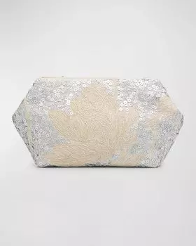 Клатч с принтом магнолии и пайетками Brunello Cucinelli, цвет Beige Silver