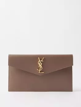 Клатч uptown ysl из зерненой кожи с бляшкой Saint Laurent, бежевый
